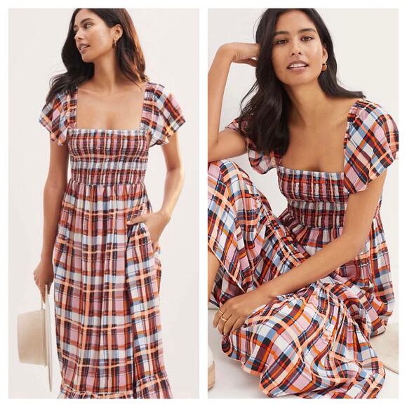Anthropologie Tia Ruffle Strap Plaid Maxi Dress Small Lightweight Pullover Boho - Picture 1 of 13